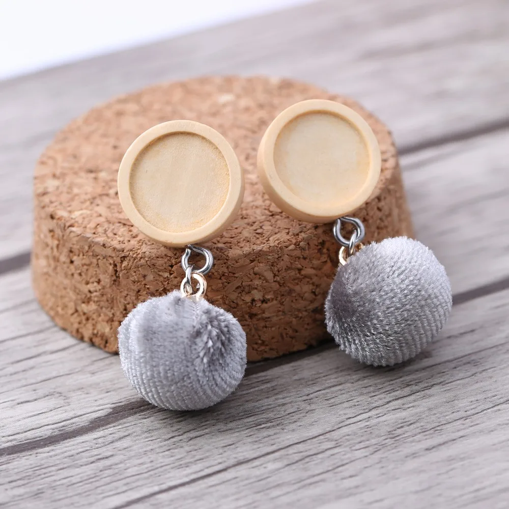 

onwear 5pairs wood stud earring base 12mm round cabochon bezel blanks with pompom charms diy earring making supplies