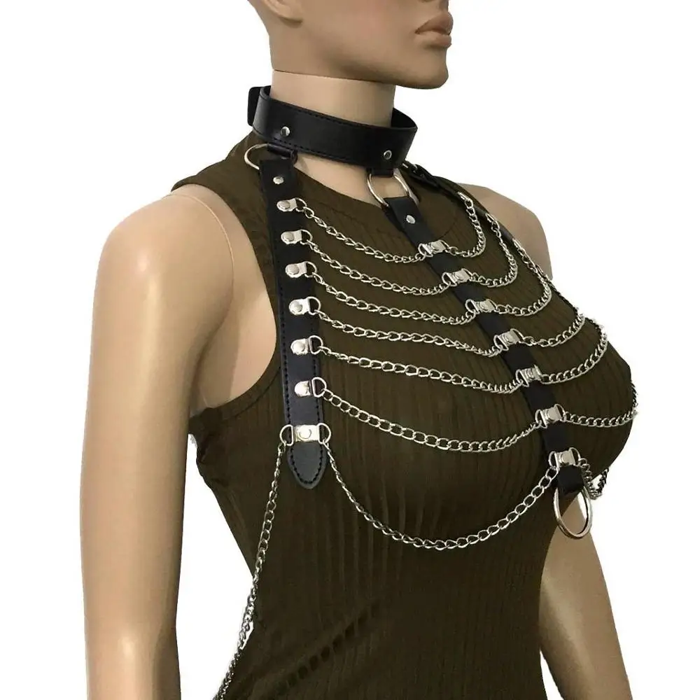 Women Leather Metal Shiny Body Chain Chest Harness Bra Tops Vest Punk Costume