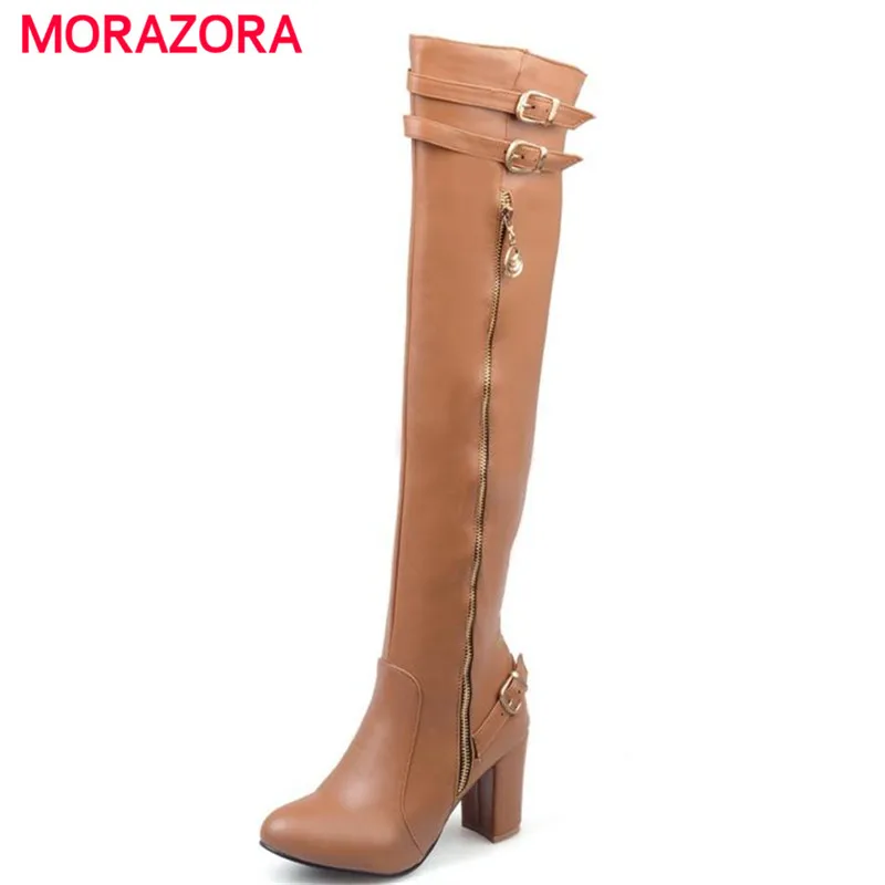 ФОТО MORAZORA buckle charm metal decoration fashion handsome western knee high boots high square heels side zipper winter women