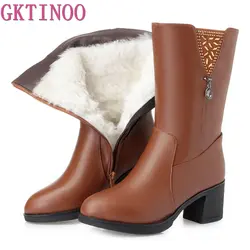 GKTINOO Зимние шерстяные ботинки теплая обувь с мехом внутри Для женщин на высоком каблуке обувь из натуральной кожи зимние ботинки на