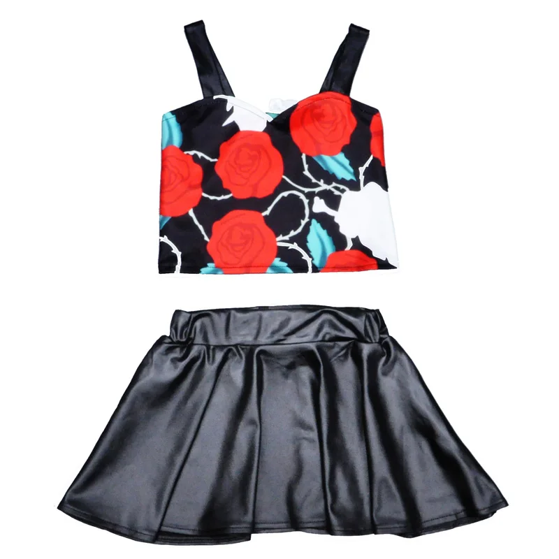 

New 2017 Baby Girl Clothes Sets Summer Style Flower Suspender T-Shirt+Black Skirts 2pcs Kids Girls Clothing Set ropa infantil