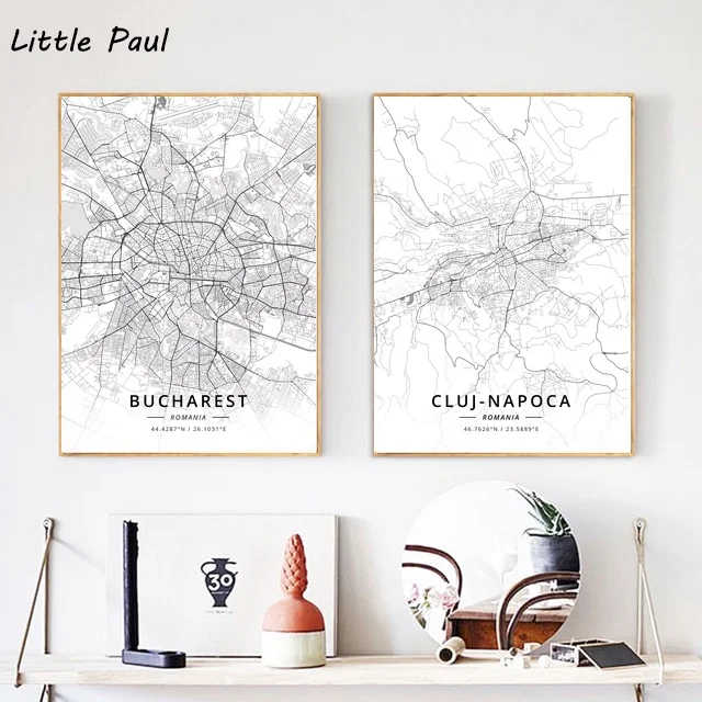 

Romania City Map Modern City White Map Canvas Art Print Wall Pictures for Living Room No Frame