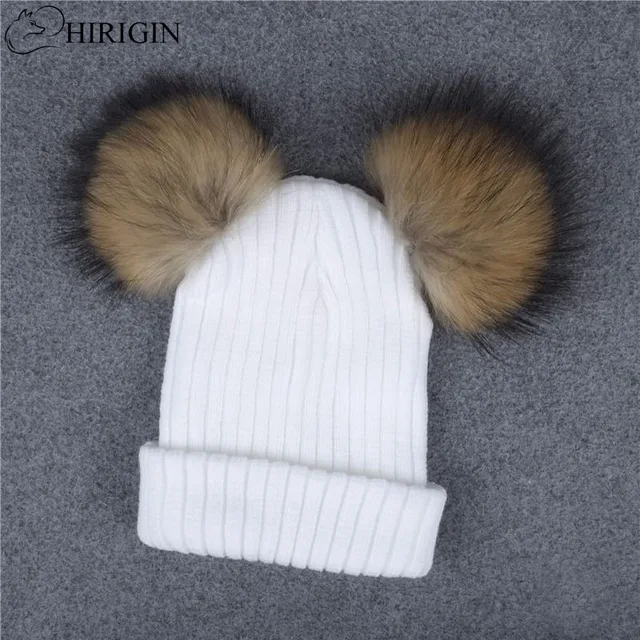 Hirigin 2017 Atumn Winter Large Double Fur Ball Winter Hat Knitted