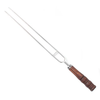 

Outdoor BBQ fork food grade stainless steel baking sign wooden handle U-shaped baking needle picnic double needle barbecue fork