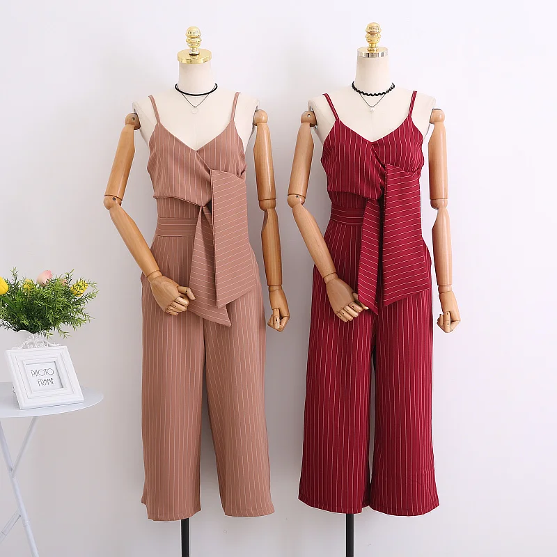 

New Fashion Strap Striped Formal Jumpsuits Women Lace Up Calf-Length Pant Work Wear Rompers Female Slim Wide Leg Pants Mw261