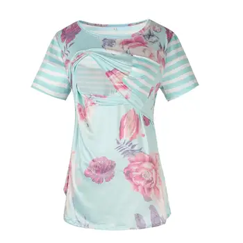 

Maternity Dresses Pregnant Woman Clothes Women Pregnant Nursing Short Sleeve Stripe Print Patchwork Flower Tops T-shirt A1