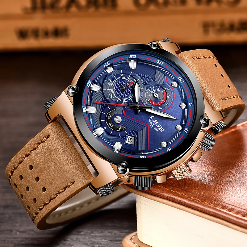 

LIGE New Mens Watches Top Luxury Brand Casual Sport Quartz Watch Men Leather Waterproof Military Wristwatch Relogio Masculio+Box