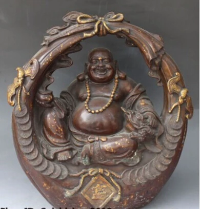 

JP S0227 16" Chinese Bronze Gilt Wealth Happy Laugh Maitreya Buddha Golden Toad Statue (B0328)