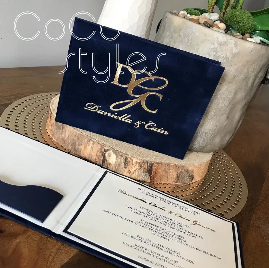  Cocostyles customized luxury gold foiling velvet hard cover invitation card with match envelope for - 32892138025