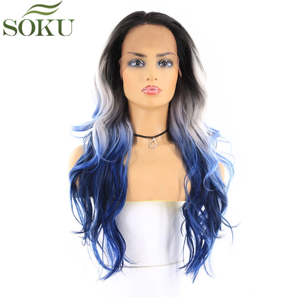 

Synthetic Lace Front Wigs SOKU Wavy Dark Root Ombre White Blue Color Glueless Heat Resistant Fiber Wigs For Black Women