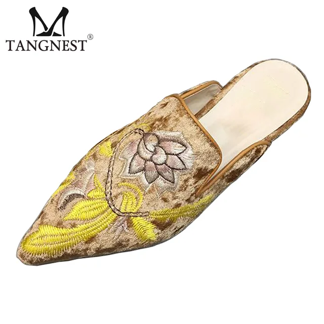 Tangnest Luxury Embroidery Mules For Women Pointed Toe Flat Slippers Velvet Flower Printed Slides Women Party Shoes XWT955 