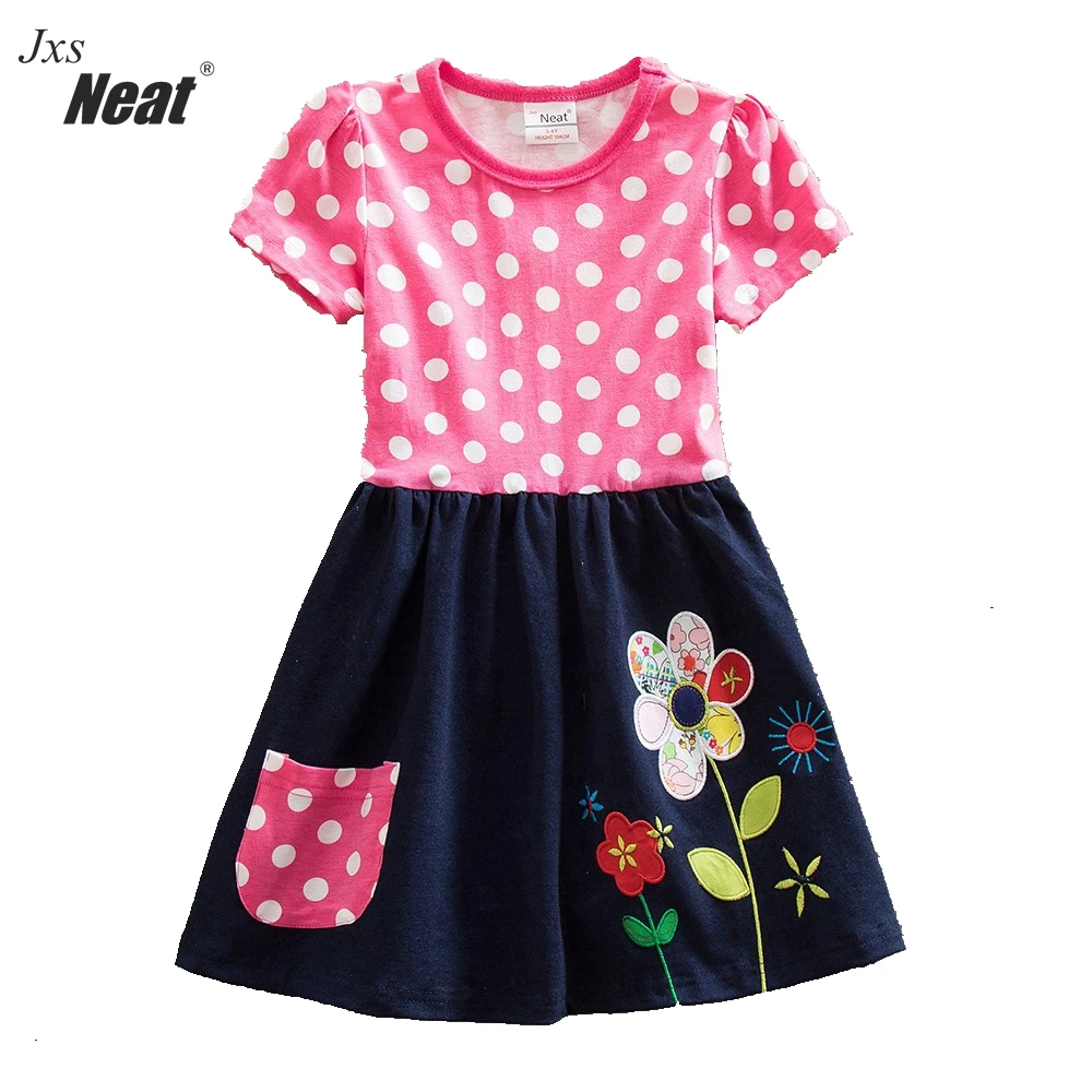 

Girl summer dress neat round neck cotton child clothes pink white dots pocket flower pattern print girl short sleeve dress H5748