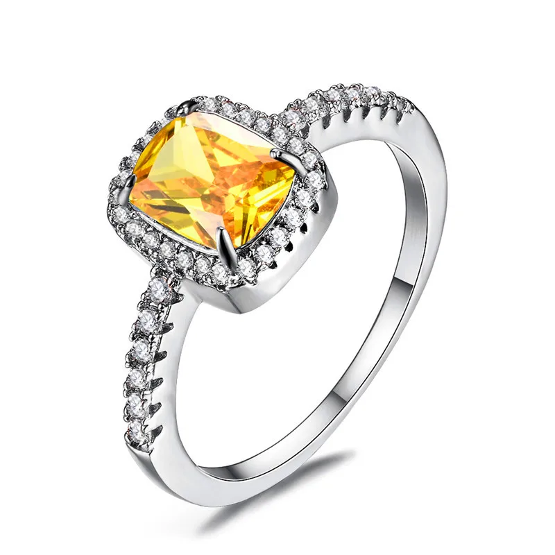 JUNXIN, роскошное голубое/зеленое/фиолетовое/Белое квадратное кольцо, модное, четыре когтя, обручальное кольцо для женщин, 925 серебро, ювелирный камень, кольцо - Цвет основного камня: Yellow