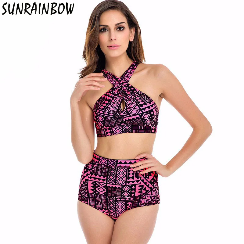

SUNRAINBOW 2019 New Plus Size Swimwear Women Swimsuit High Waist Bathing Suits Bikinis Print Vintage Retro Floral Bikini Set 5XL