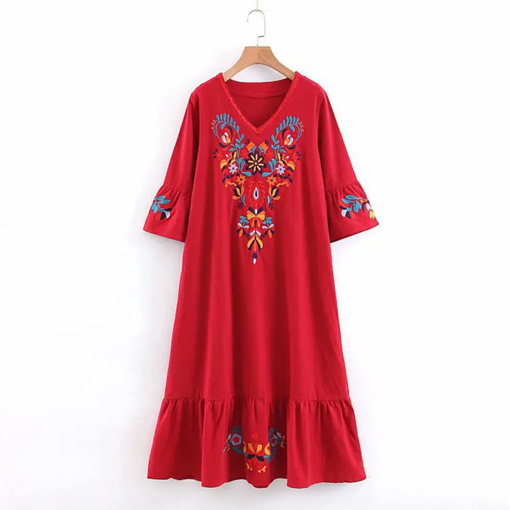 

2019 New Yfashion Women Bohemian V-collar Short-sleeved Embroidered Dress Medium-length Dress