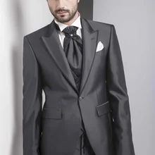 Последние конструкции пальто брюки темно-серый атлас Жених приталенные смокинги Костюм жениха 3 шт. свадебные костюмы для выпускного вечера для мужчин