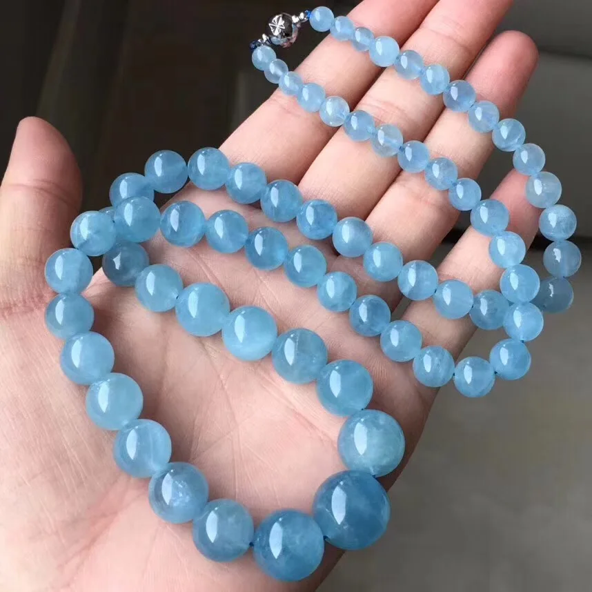 

Natural Aquamarine Rope Chain Necklace Women Female Men Party Gift 5.5-14.6mm Round Beads Stone Stretch Crystal Necklace Jewelry