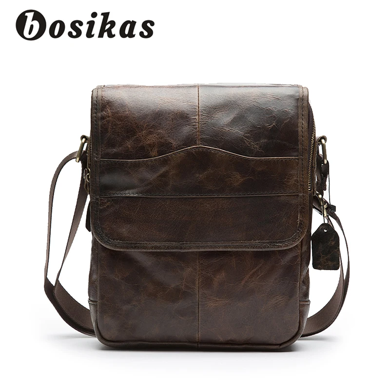 

BOSIKAS Men's Bags Genuine Leather Male Crossbody Bags Man's Shoulder Bag Strap Small Casual Flap Men Leather Messenger Hasp Bag