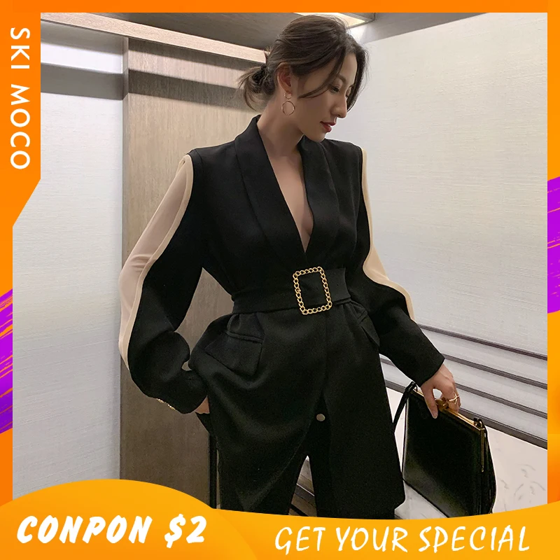 Runway Designer Trendy Chic Womens Blazer Belted Black Patchwork Metal Gold Button Fashion OL Ladies Jacket Coat Outwear