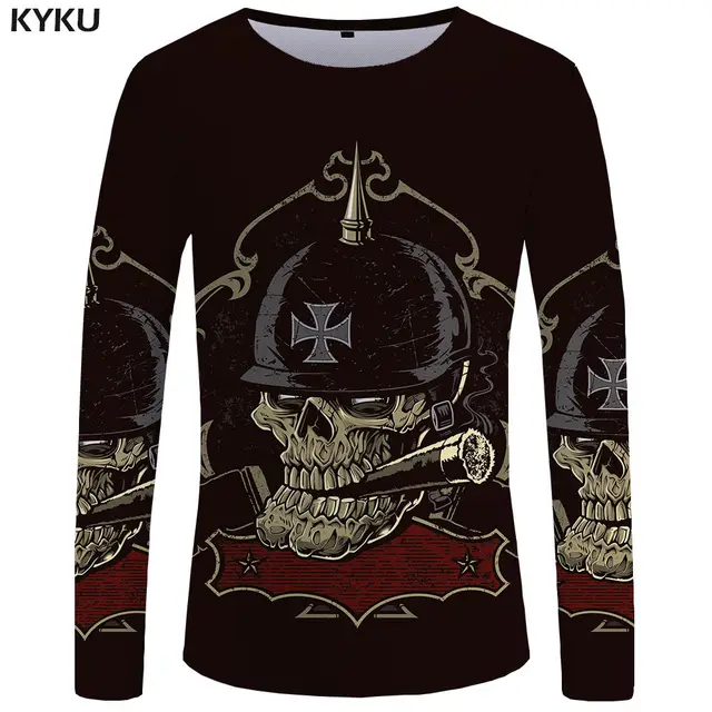 KYKU Brand Motorcycle Long sleeve T shirt Skull Clothes Skeleton T shirts Punk 3d T-shirt  Clothing  Tops Tees Women Print Woman