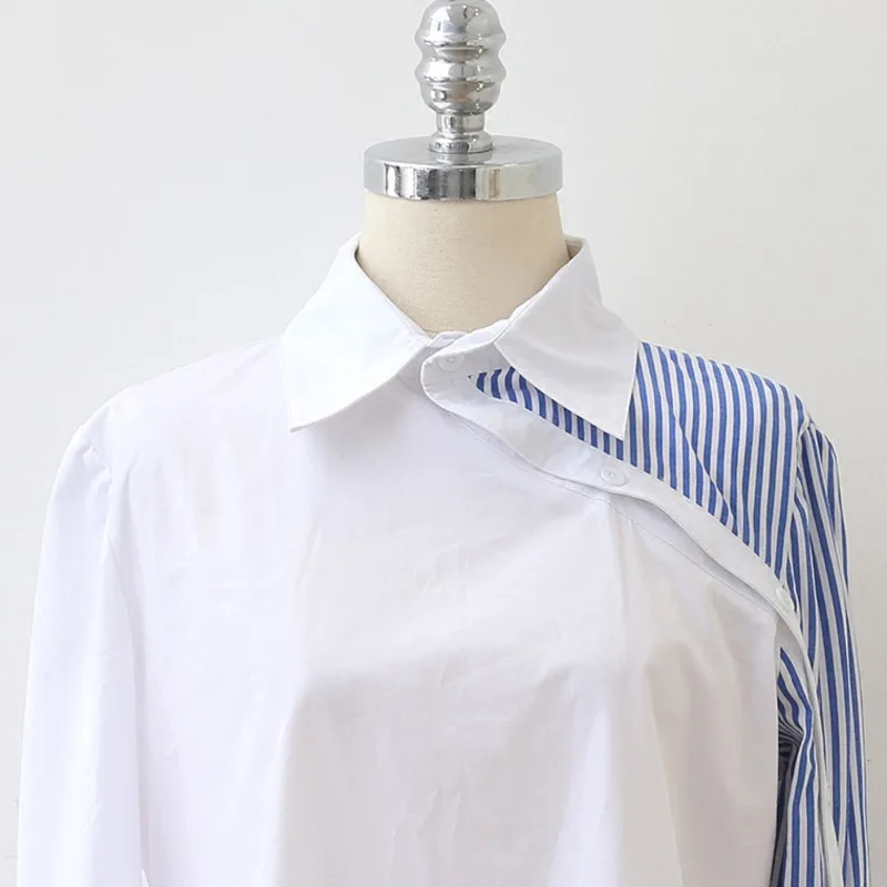 LANMREM Fashion Spliced Stripe Turn-down Collar Full Sleeve Blouse Personality Asymmetrical summer Women Shirt Clothes BC845