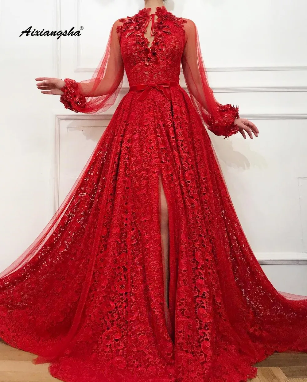 High Collar Sleeves Red Evening Dress New Listing Split Special Formal Occasion Party Dresses Long De Soiree | Свадьбы и торжества