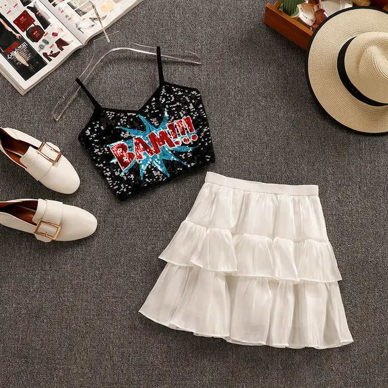 

New Summer Fashion Women's Sets Letter Sequins Strap Small Tops + Solid Color Ruffles Cake Skirts Female Suits Skirt and Top Set