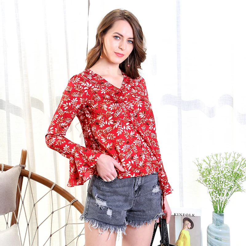 

Mishow Floral Shirt Women Summer 2019 New female Red Flare Sleeve tops Long Sleeve V Neck Chiffon Blouse MX17A4805