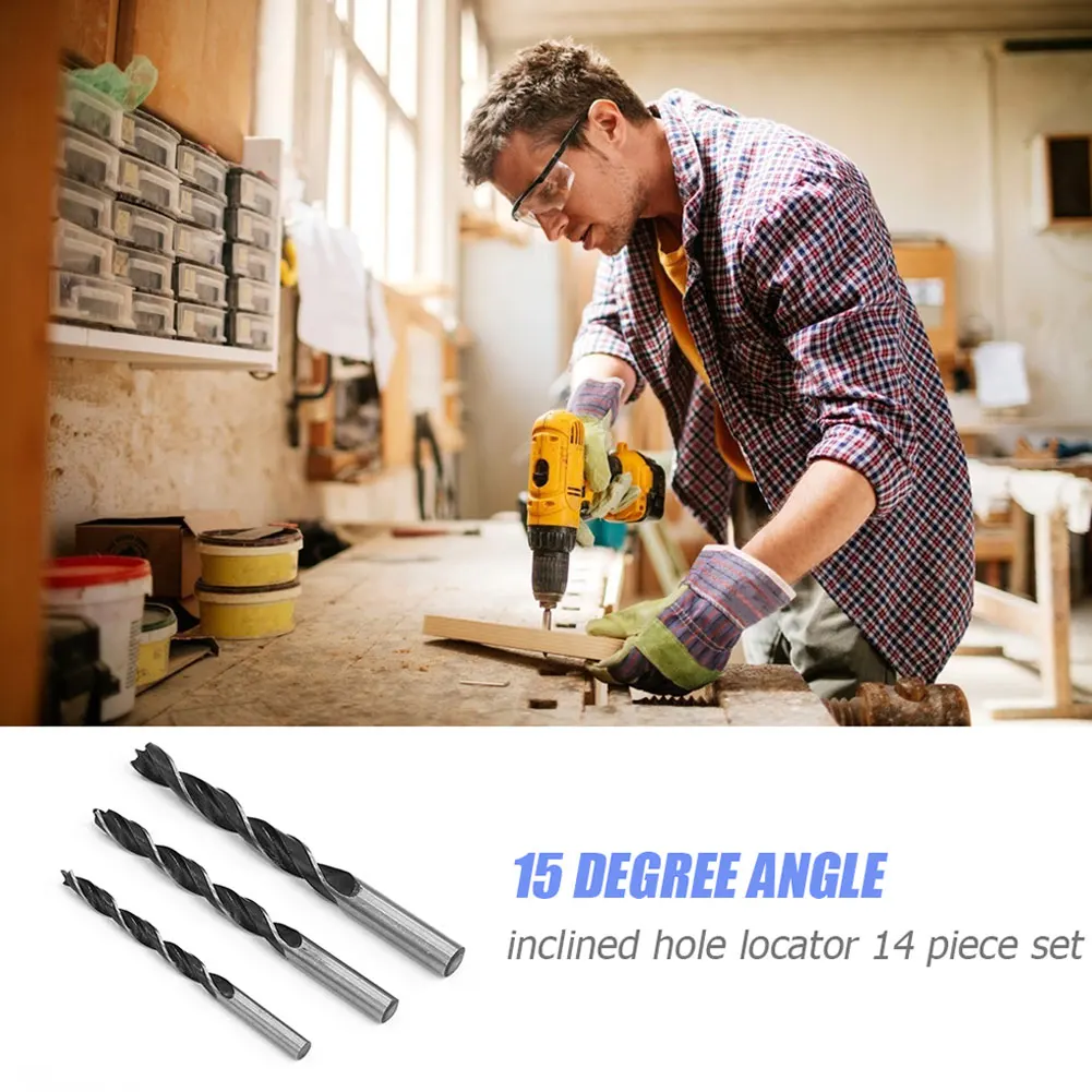 

14Pcs Woodworking Guide Positioner Kit 6/8/10mm Oblique Hole Locator Drilling Bits Jig _WK