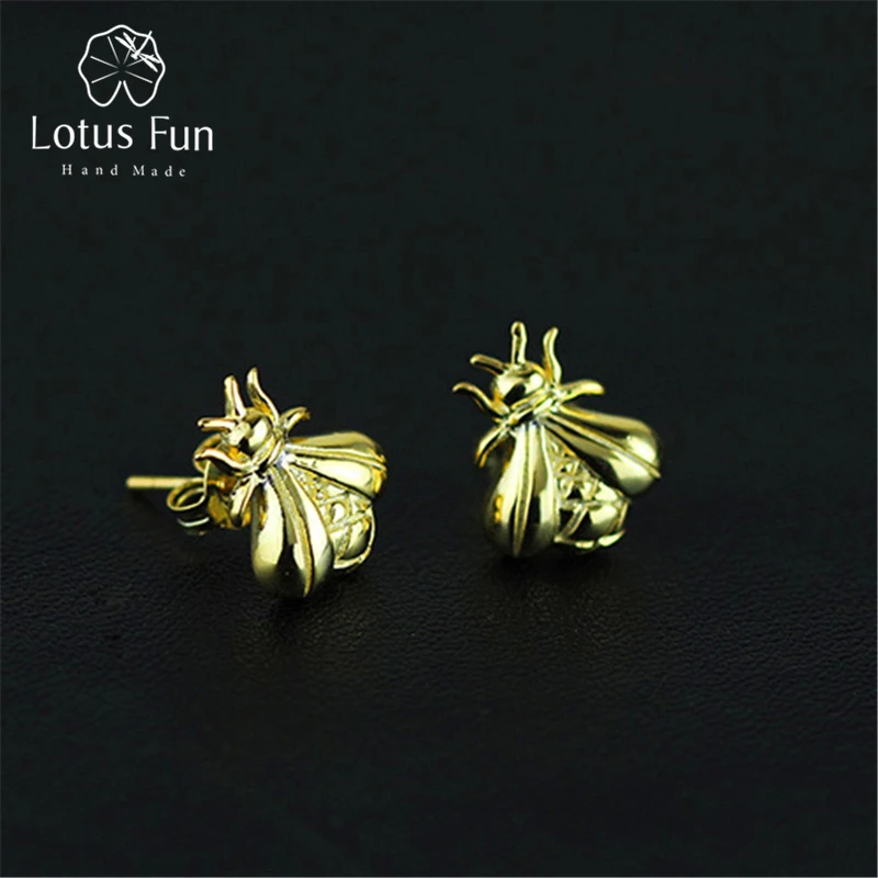 

Lotus Fun Real 925 Sterling Silver Natural Creative Handmade Fine Jewelry Vintage Cute Honeybee Stud Earrings for Women Brincos