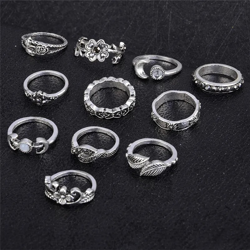 2018 New Arrival Design Women Bohemian Vintage Silver Stack Rings Above Knuckle Blue Rings Set Rings for women Ring Set J13#N (10)