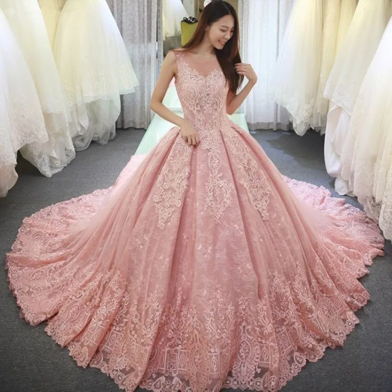 

Vestido de Noiva 2022 Robe De Mariee sleeveless Pink Princess Wedding Dresses Lace Applique Lace Puffy Ball Gown Bridal Dress