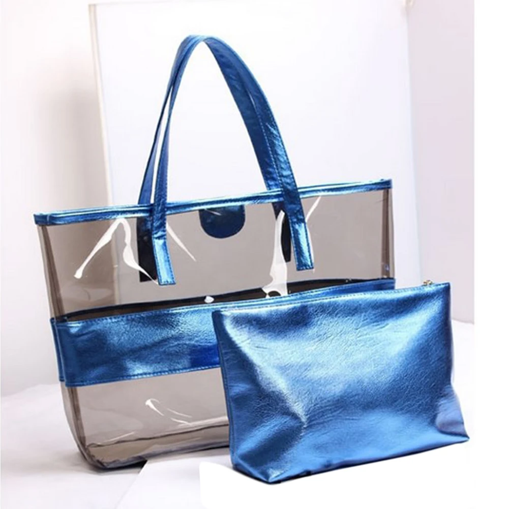 Lady&#39;s Waterproof Beach HandBag Semi clear PVC Big Shoulder Bag large tote Bag 2 Two Piece Set ...