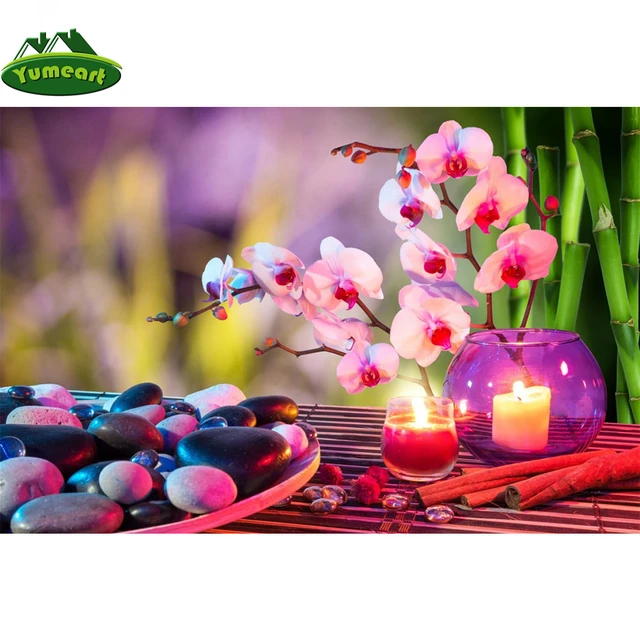 5D Diamond Painting Kit Orchid Flower Stone Candle Wall Decor Full