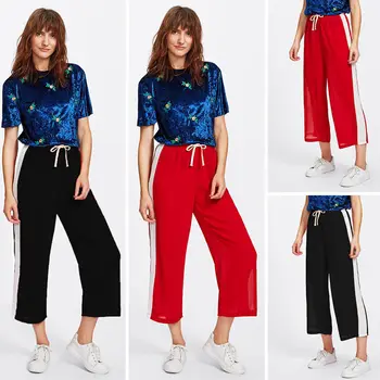 

Women Casual Wide Leg Trousers Side Panel Drawstring Waist Red Black Loose Pants