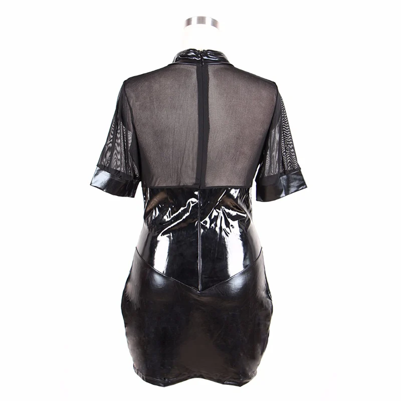 Plus Size Sexy Turtleneck Mesh Transparent Wrapped Dress Fantasias Erotic Wetlook Vinyl Leather Club Kleid Nightdress Robe Femme (4)