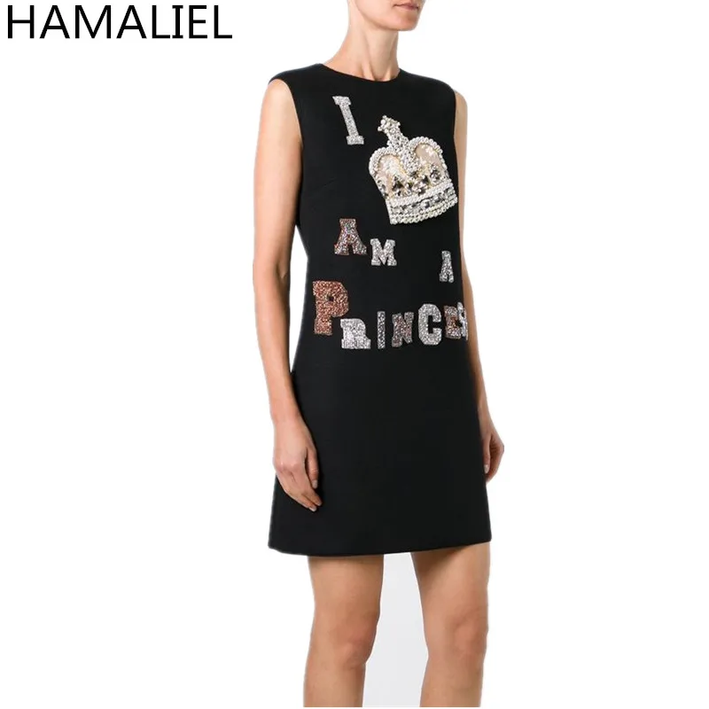 

HAMALIEL Luxury Runway Dress 2018 Summer Designer Tank Black /Pink Diamonds Letter Pearl Sleeveless Female Party Mini Dress