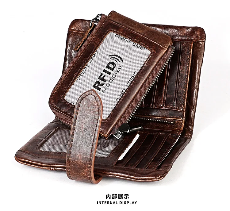 Genuine Crazy Horse Leather Wallet Men RFID Protection Removable Coin Purse Male Patchwork Designer Credit Card Wallet carteira