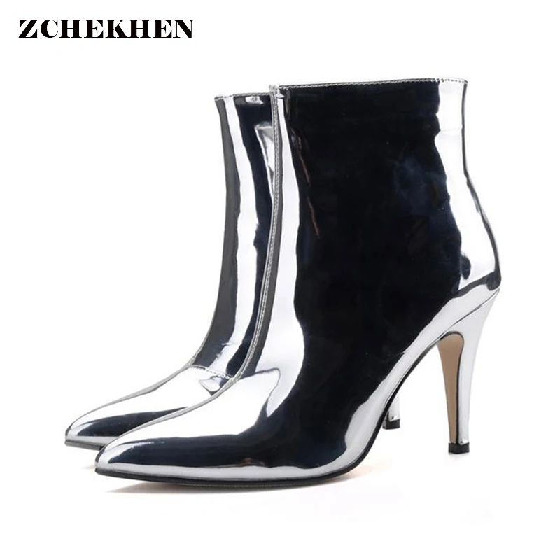 

Sliver Gold Women Ankle Boots Pointed Toe thin High Heel Boots Mirror Metallic Women Pumps Female Sexy Stiletto botas mujer