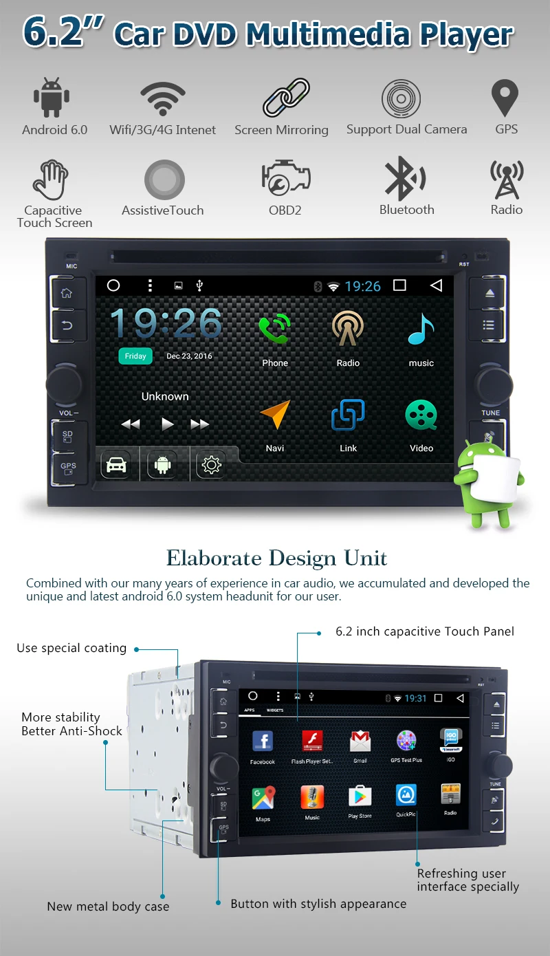 Clearance Android 6.0 Car DVD Player GPS Navi Touchscreen HD Auto Stereo 4 CORE Radio USB 0
