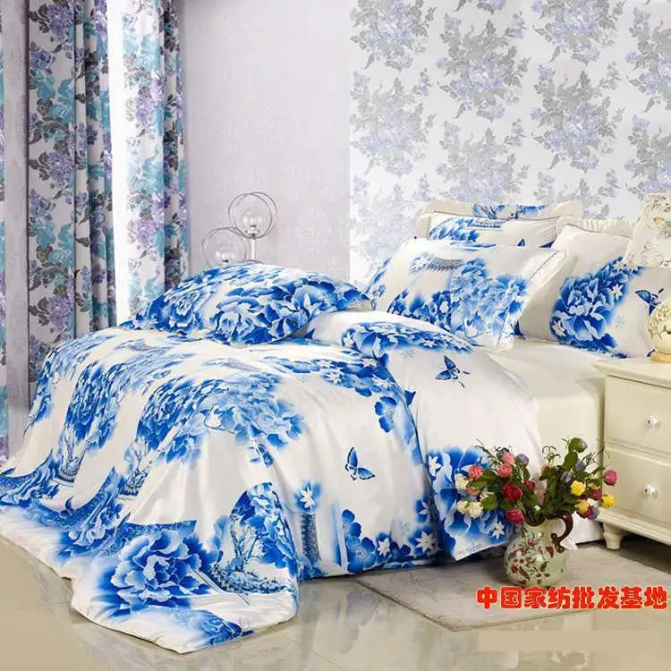 Luxury Blue And White Porcelain Bedding Set Floral Silk Queen King