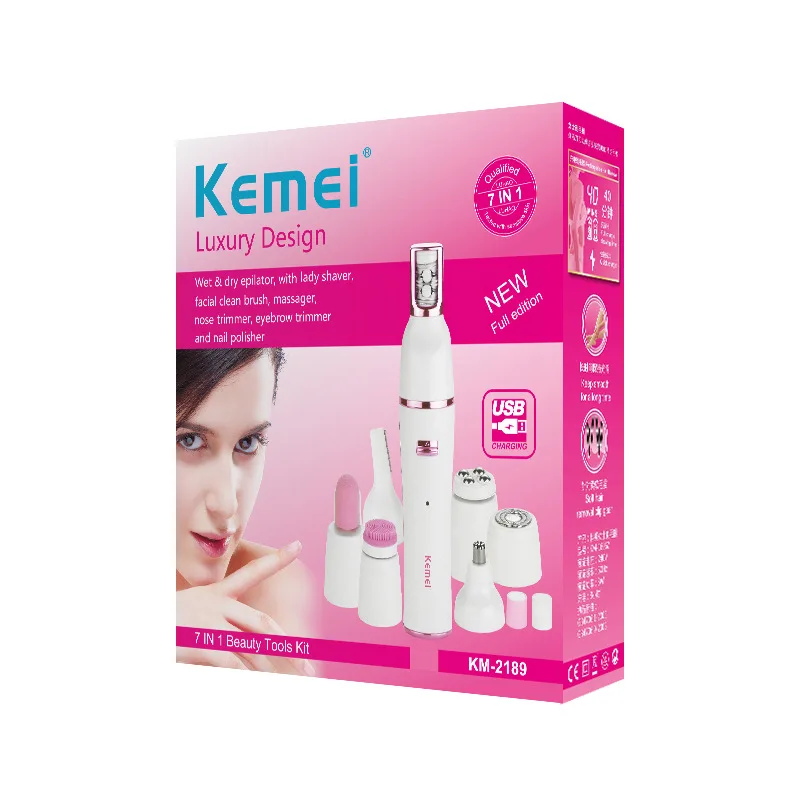 Kemei 7 In1 Wet Dry Women Shaver Female Epilator Shaving Machine Lady Hair Removal Eyebrow Nose Trimmer, Bikini, Leg, Underarms
