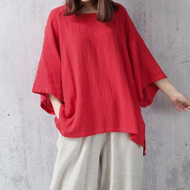 Cotton Linen Casual O-Neck Long Loose Sleeve Blouse Ladies 2018 Women Oversize Batwing Sleeve Tops Loose Solid Blouse Plus Size