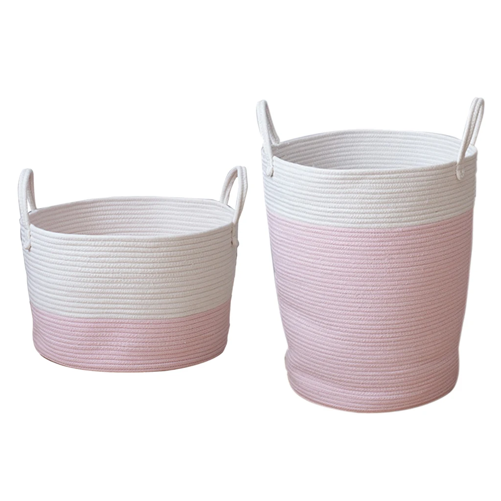 2x Cotton Weaving Storage Basket Rattan Storage Box For Cosmetics Basket Organizer Sundries Laundry Toys Storage Basket Pink