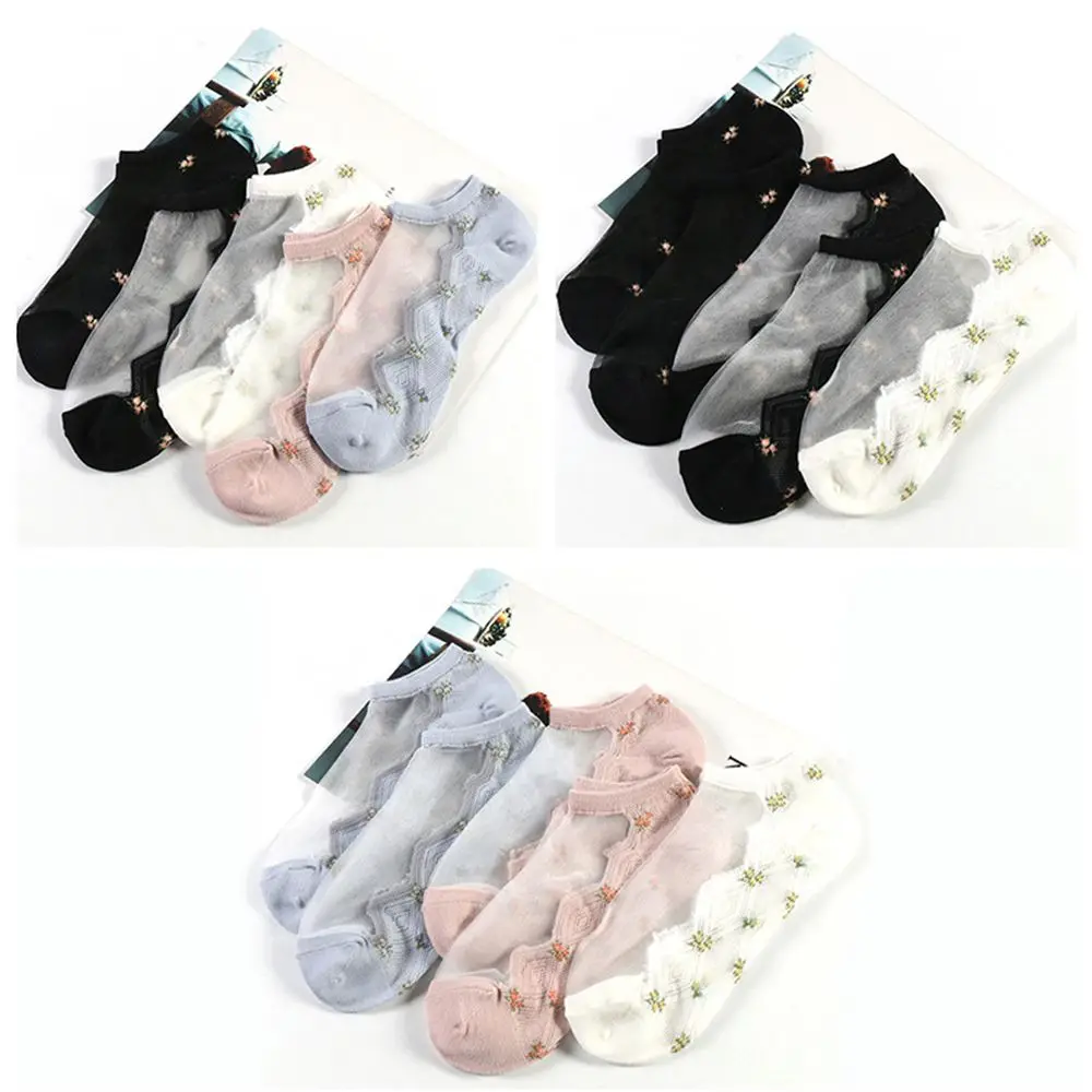 

1Pair Woman Flower Glass Silk Socks Ultra-thin Crystal Silk Socks Cotton Bottom Summer Jacquard Crystal Girl Comfortable Fashion