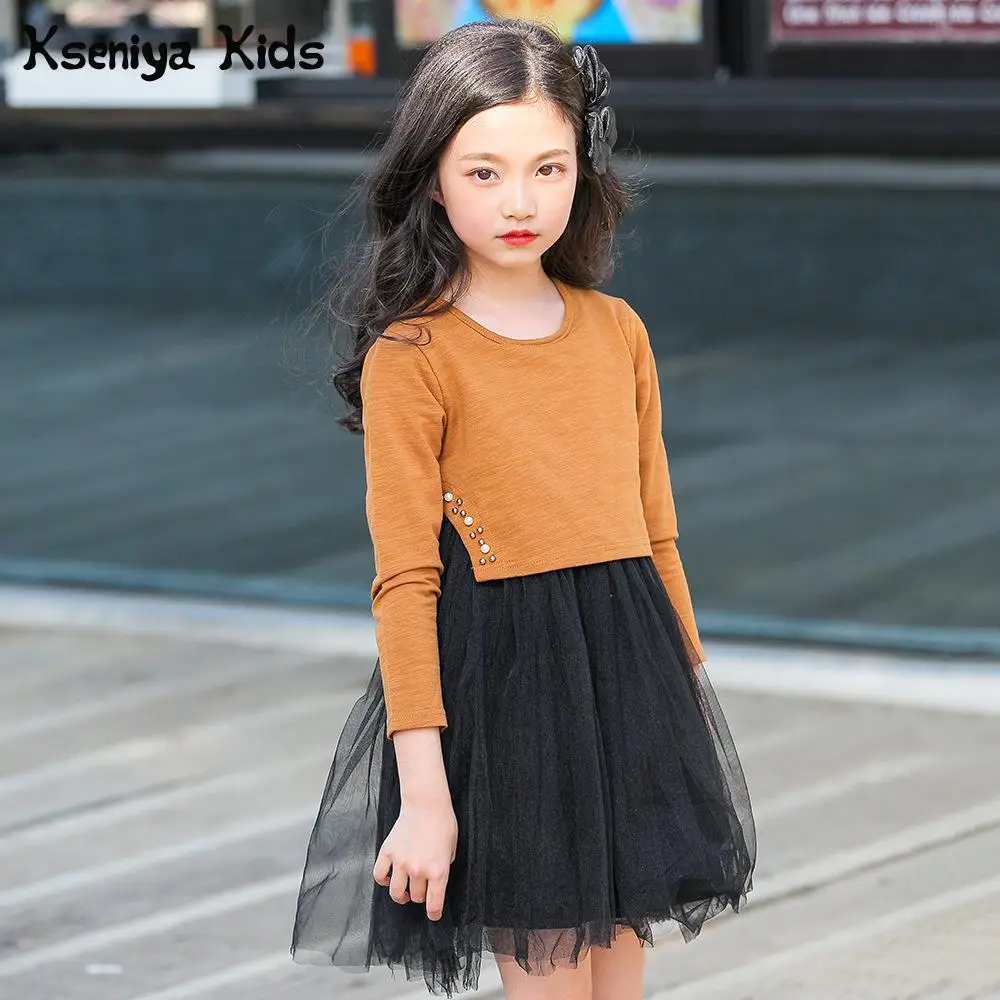 

Kseniya Kids 2018 New Autumn Yellow+black Splicing Mesh Korean Style Big Girl Long-sleeved Dress Clothes Girls Lace Dress Cloth