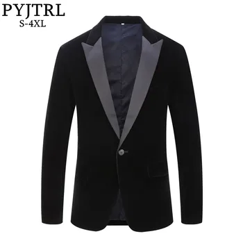 

PYJTRL Male Plus Size Classic Black Shawl Lapel Velvet Blazer Men Fashion Casual Wedding Groom Slim Suit Jacket Singers Costume