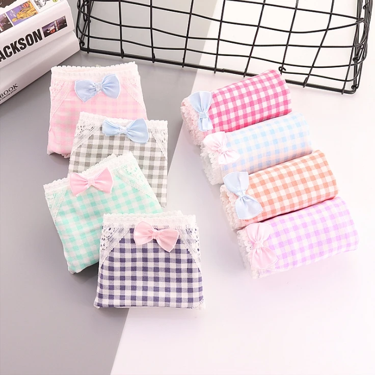

1 PCS 11 Styles Cute Women Plaid Hollow Lace Striped Bowknot Cotton Briefs Underwear Panties For Woman