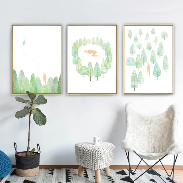 Watercolor Forest Elf Boy Cartoon Giclee Poster Print Green Tree Watercolor Forest Elf Boy Cartoon Giclee Poster Print Green Tree Canvas Painting Childhood Baby Nursery Room