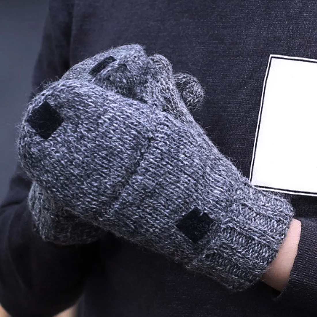 

Charming Thick Male Fingerless Gloves Men Wool Winter Warm Exposed Finger Mittens Knitted Warm Flip Half Finger Gloves